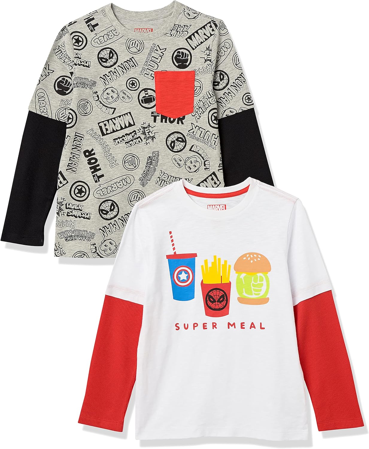 Amazon Essentials Disney | Marvel | Star Wars Boys and Toddlers' Long-Sleeve 2-in-1 T-Shirts, Pack of 2