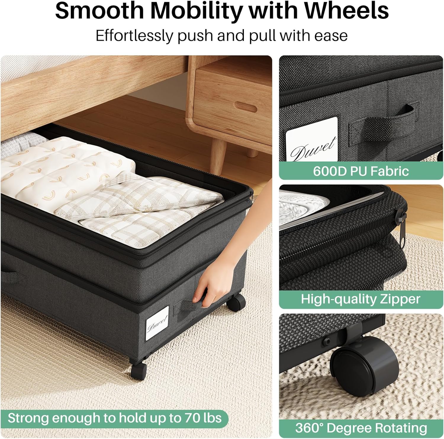 Kitstorack 4 Pack Height-adjustable Under Bed Storage with Wheels, Under Bed Storage Containers,Under Bed Shoe Storage Organizer with Clear Window&Label, Suitable for Clothes Storage, Black - Image 3