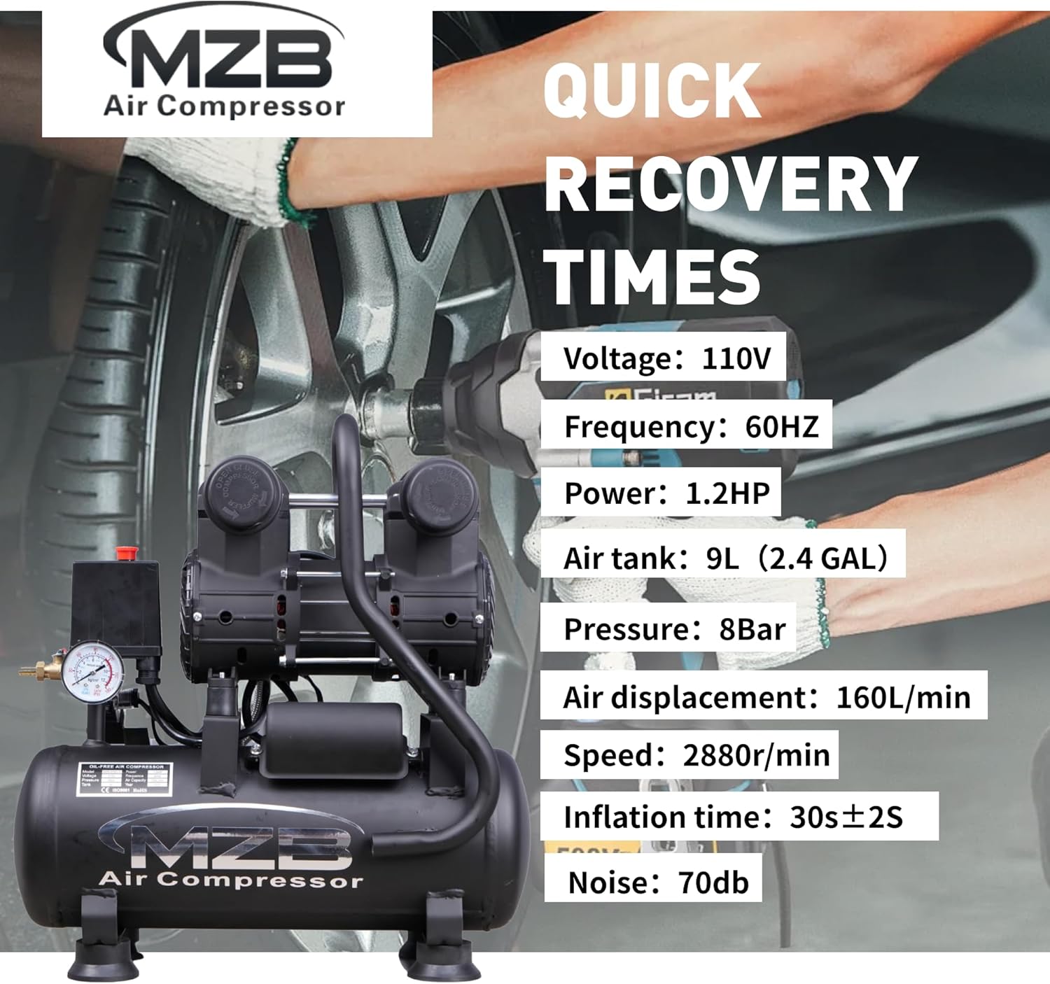 MZB 2.4 Gallon Ultra Quiet Air Compressor 110V/60Hz 1.2HP 5.65CFM, MAX 115PSI Steel Tanks Oil-Free 70dB Noise Level Air Compressor with Wheels for Spray Painting, Auto Repair, Carpentry Decoration - Image 5