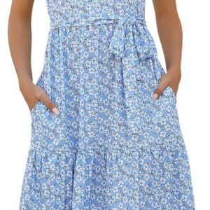 Lyrur Women’s Dresses Casual Summer Tiered Midi Dress Short Sleeve Belted Ruffle Babydoll Boho Sundress with Pockets