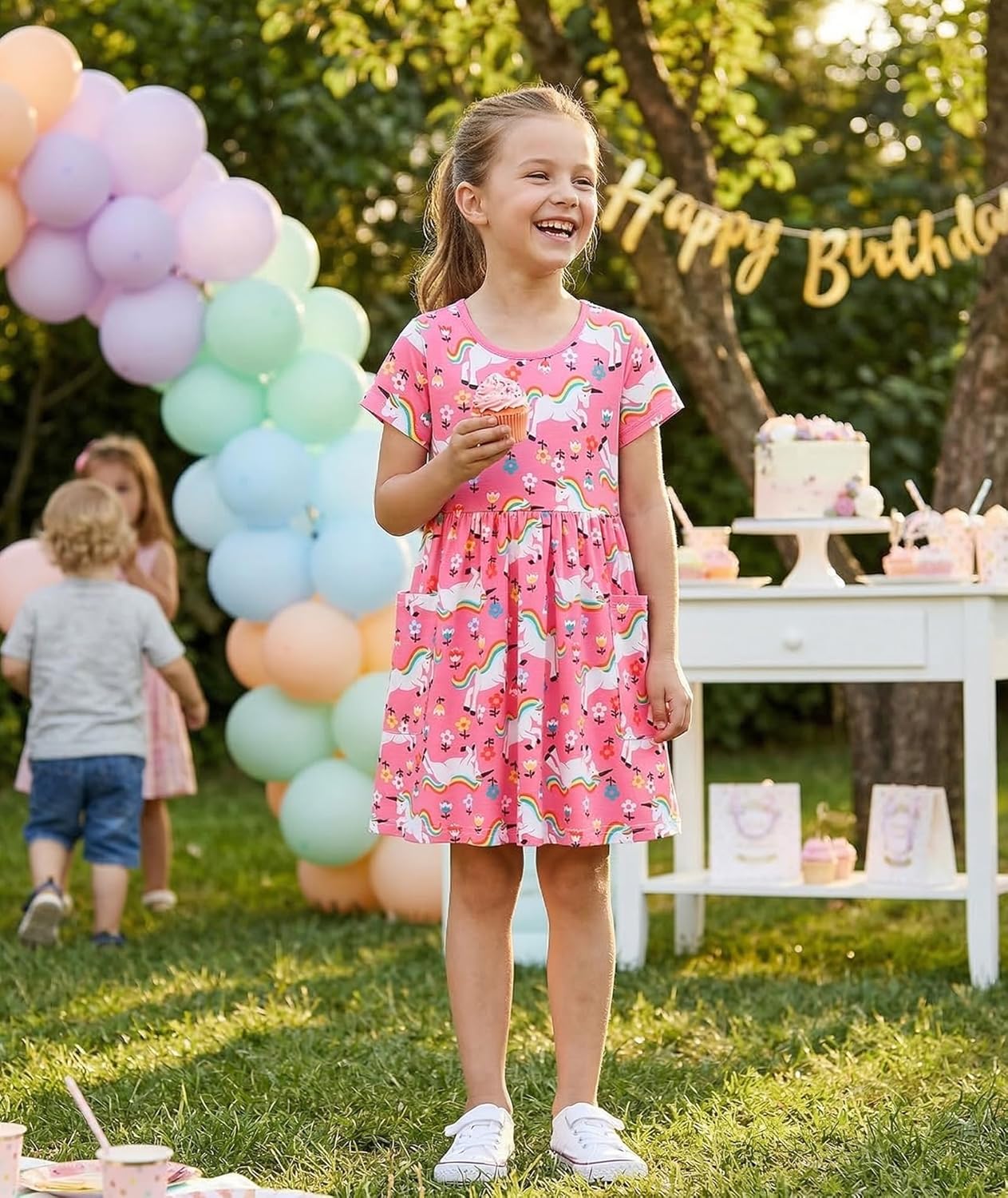 Bumeex Girl's Dresses Cotton Sleeve A-Line Cute Midi Casual Sundress - Image 4