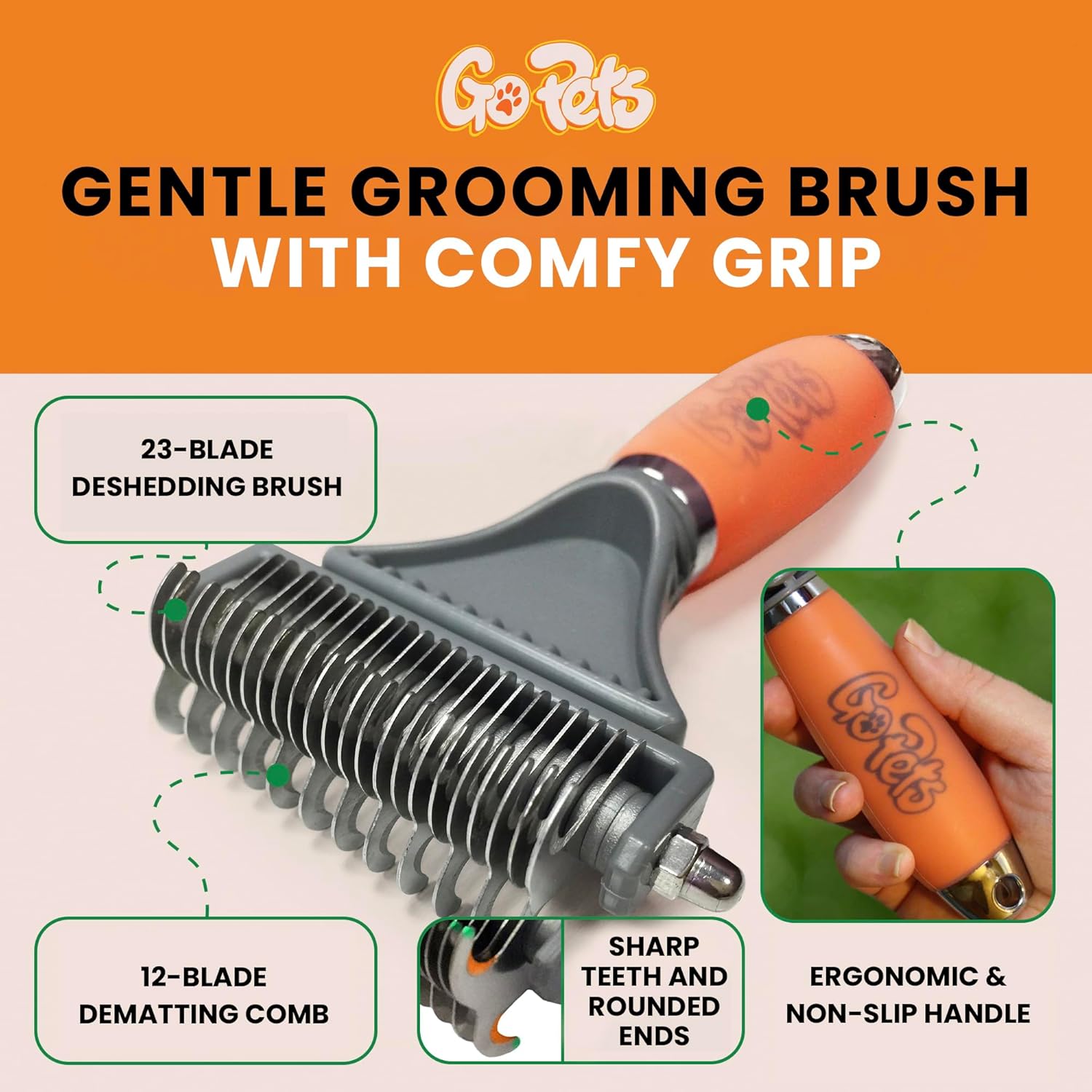 GoPets 2-in-1 Dematting Comb for Dogs, Pet Grooming Rake, Double-Sided Dog Brush for Shedding, Deshedding Brush for Cats, Undercoat Mat Dematting Tool for Long Haired Cats, Grooming Matting Hair - Image 3