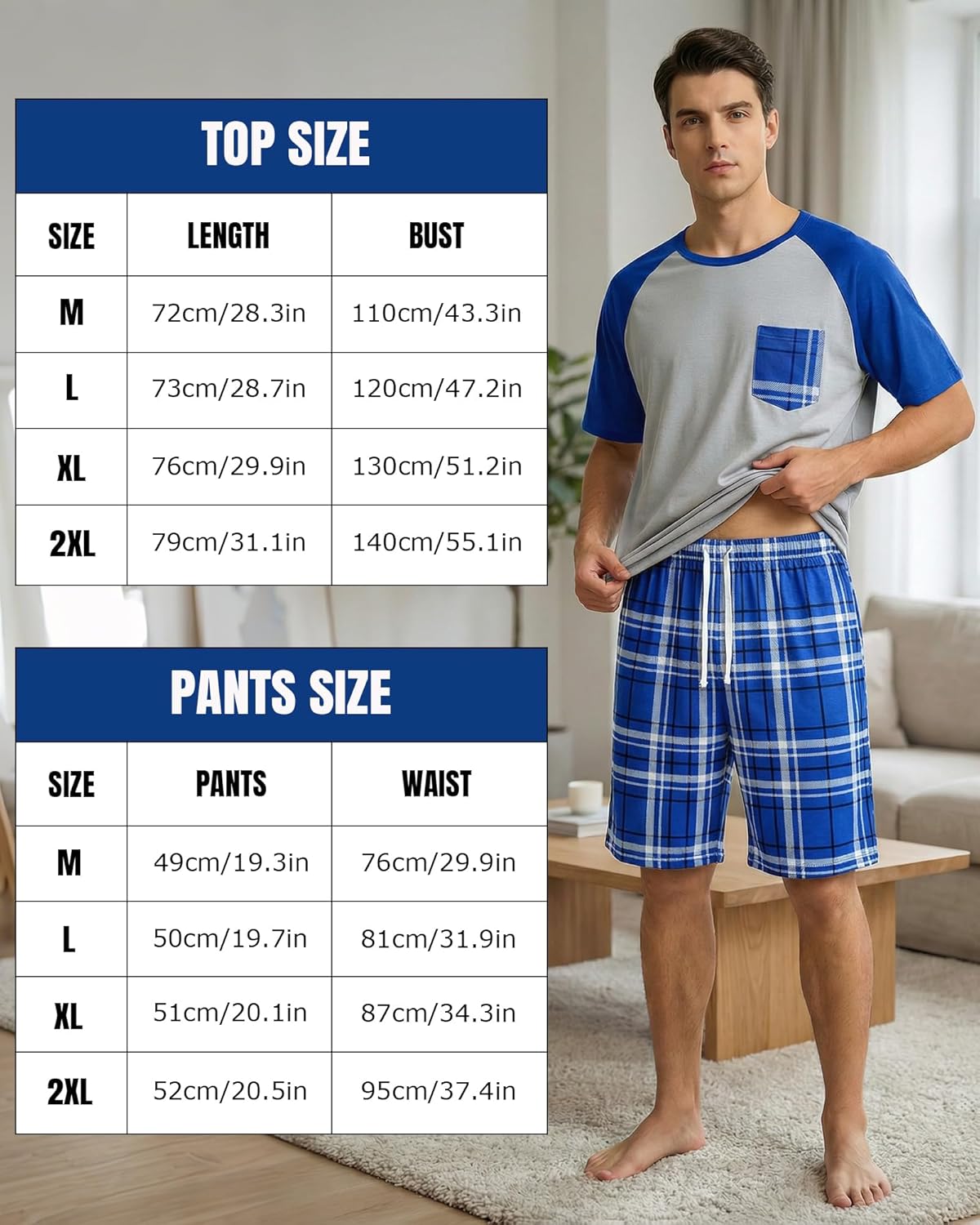 Mens Pajamas Set Summer Pjs Short Sleeve Sleep Set Soft Sleepwear 2 Piece Plaid Loungewear with Pockets M-2XL - Image 6