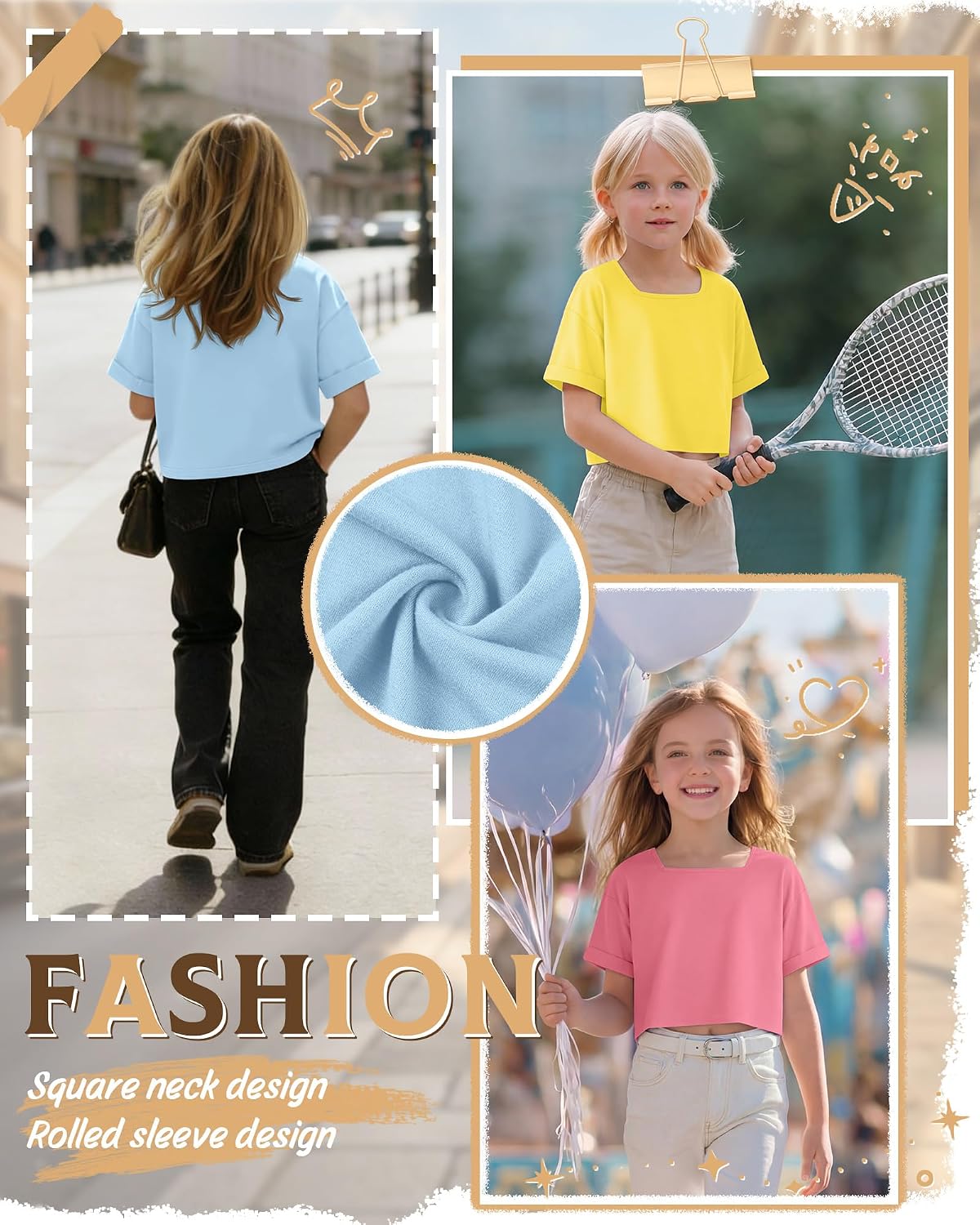 3 Pack Girls' Crop Tops Kids Oversized Short Sleeve T-Shirts Loose Square Neck Shirts Rolled Cuff Athletic Tees - Image 3