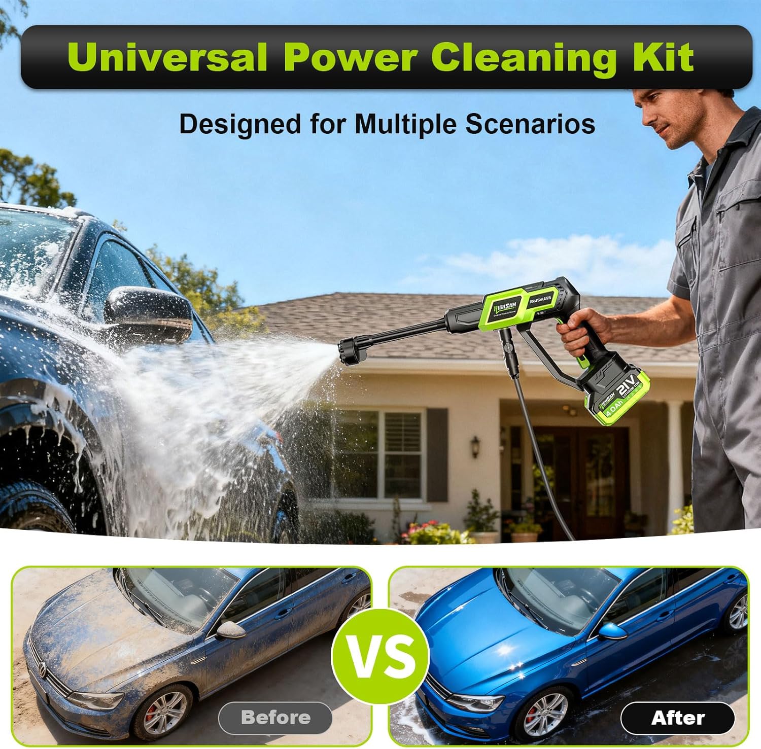 Cordless Portable Washer-Brushless Motor, 2X4000mAh Batteries & Fast Charger, 6-in-1 Nozzle, Rotating Nozzle, 16.4FT Hose & Storage Case, Handheld Car Cleaning Tool for Car/Home/Patio & Garden - Image 3