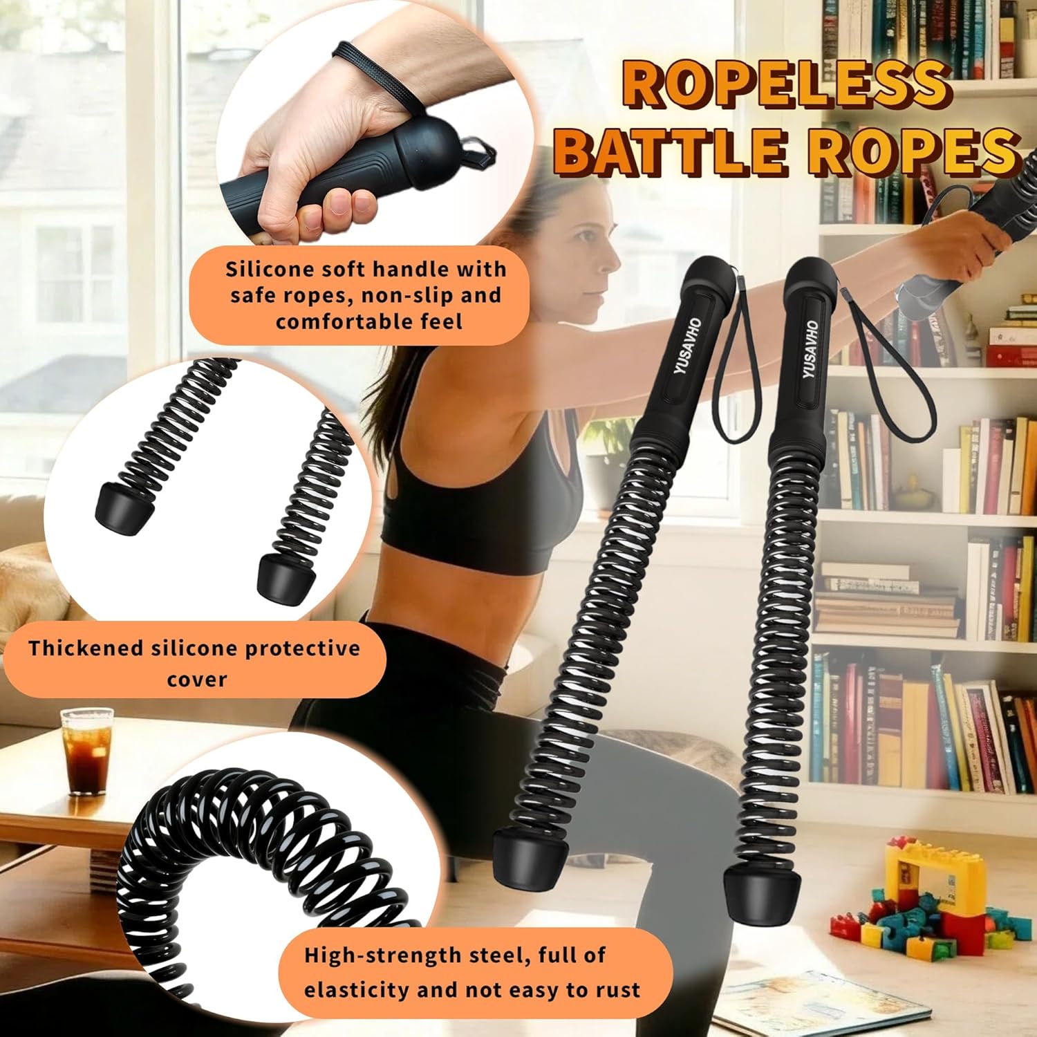 Ropeless Battle Ropes for Home Gym-Portable Cordless Training Rope Fitness Equipment for Men&Women,Weighted Workout Gear for Upper Body Cardio,Low-Impact Exercise Ropes for Small Spaces (Black) - Image 3