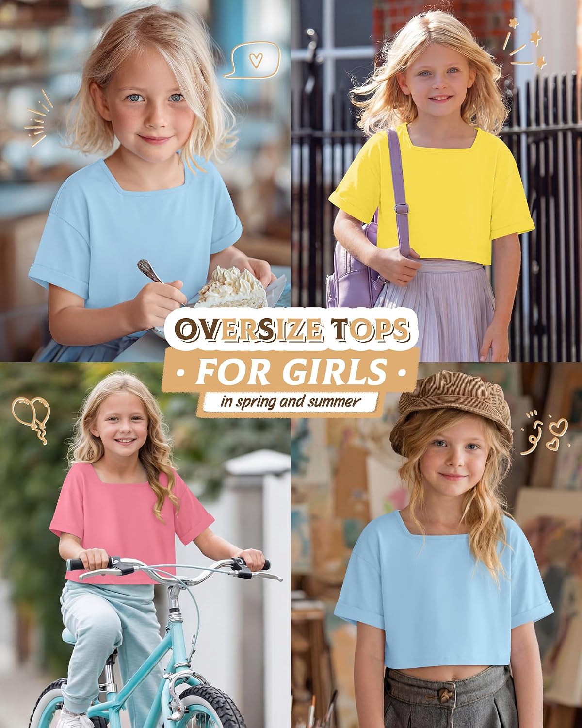 3 Pack Girls' Crop Tops Kids Oversized Short Sleeve T-Shirts Loose Square Neck Shirts Rolled Cuff Athletic Tees - Image 2