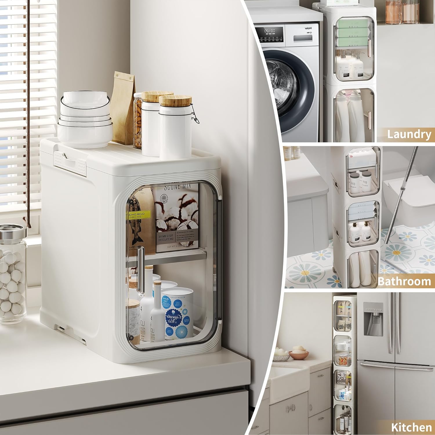 2-Tier Narrow Storage Cabinet, Slim Bathroom Storage Cabinet with Adjustable Shelves and Wheels, Narrow Organizer for Small Space, Bathroom, Kitchen, Laundry, White - Image 4