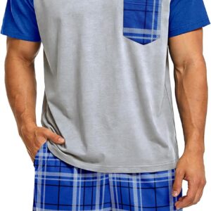 Mens Pajamas Set Summer Pjs Short Sleeve Sleep Set Soft Sleepwear 2 Piece Plaid Loungewear with Pockets M-2XL
