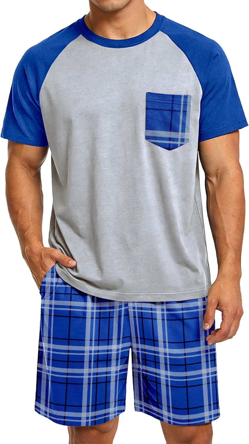 Mens Pajamas Set Summer Pjs Short Sleeve Sleep Set Soft Sleepwear 2 Piece Plaid Loungewear with Pockets M-2XL Mens Pajamas Set Summer Pjs Short Sleeve Sleep Set Soft Sleepwear 2 Piece Plaid Loungewear with Pockets M-2XL