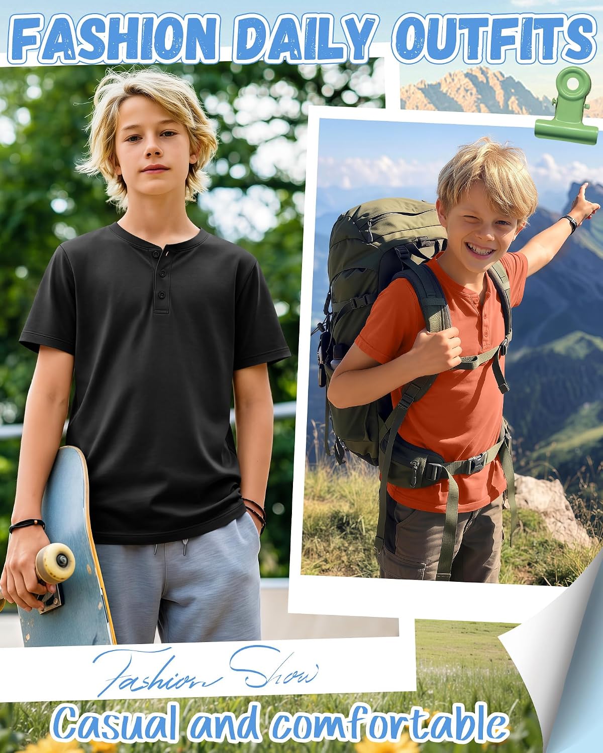 Ficerd 3 Pack Boys T-Shirts Kids Short Sleeve Henley Crew Neck Tops Teen Casual Loose Tees with 3 Buttons 5-16 Years - Image 5