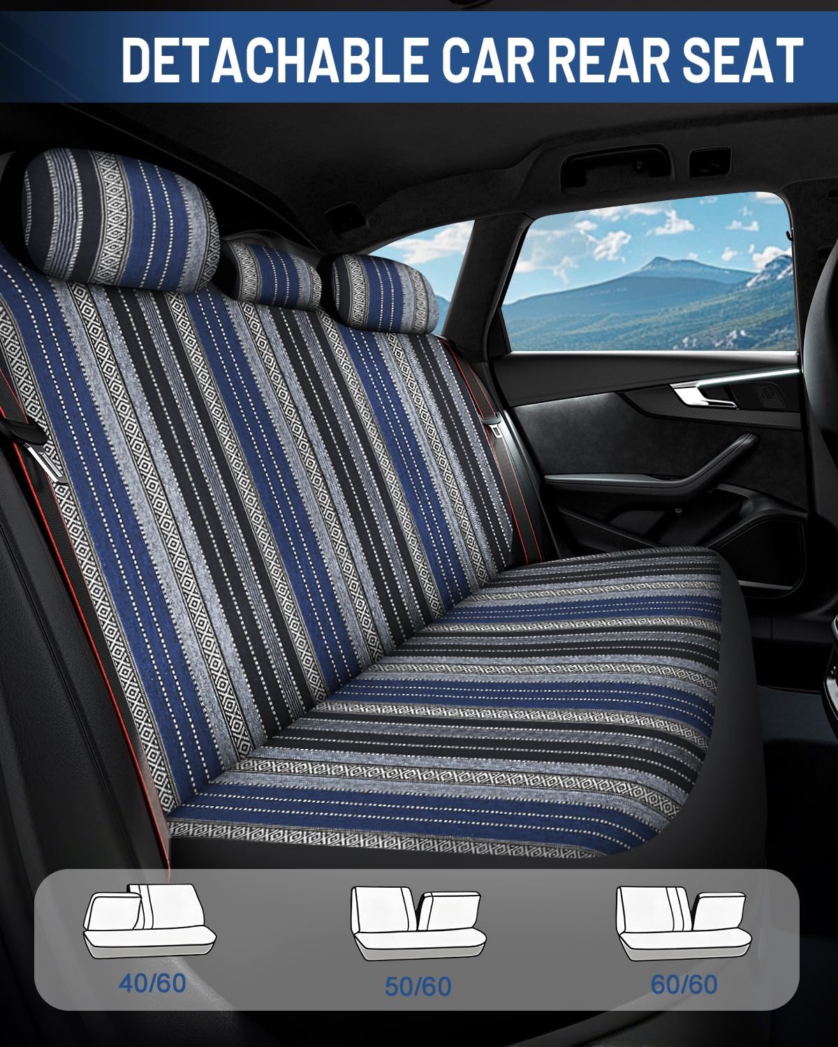 Baja Saddle Blanket Car Seat Covers Front Set with Seat Belt Pads, Washable Breathable Striped Woven Cloth Seat Covers for Cars, SUV, Truck, Airbag Compatible(Blue) - Image 3