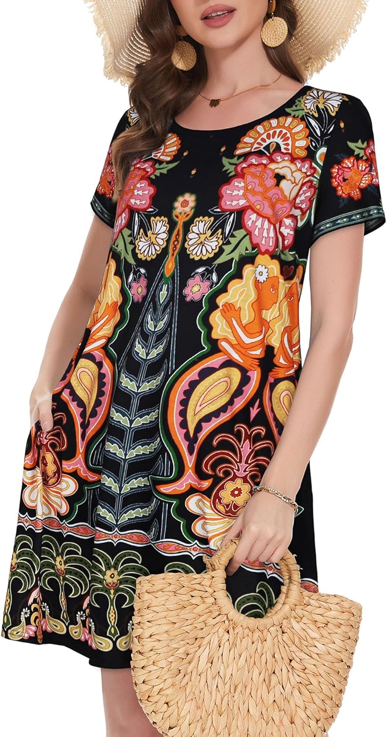Summer Dresses for Women Casual Tshirt Short Sleeve Floral Sundress Beach Cover Ups with Pockets 2026 - Image 2