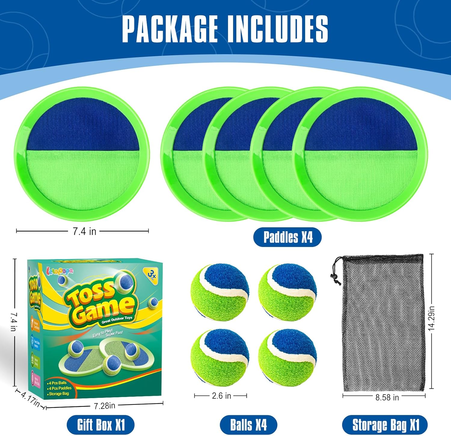 Toss and Catch Ball Set, Pool Beach Outdoor Toys Games for Kids Ages 4-8-12, 4 Paddles 4 Balls and Storage Bag, Summer Yard Outdoor Game for Adult Family, Birthday Easter Gift for Kids - Image 2