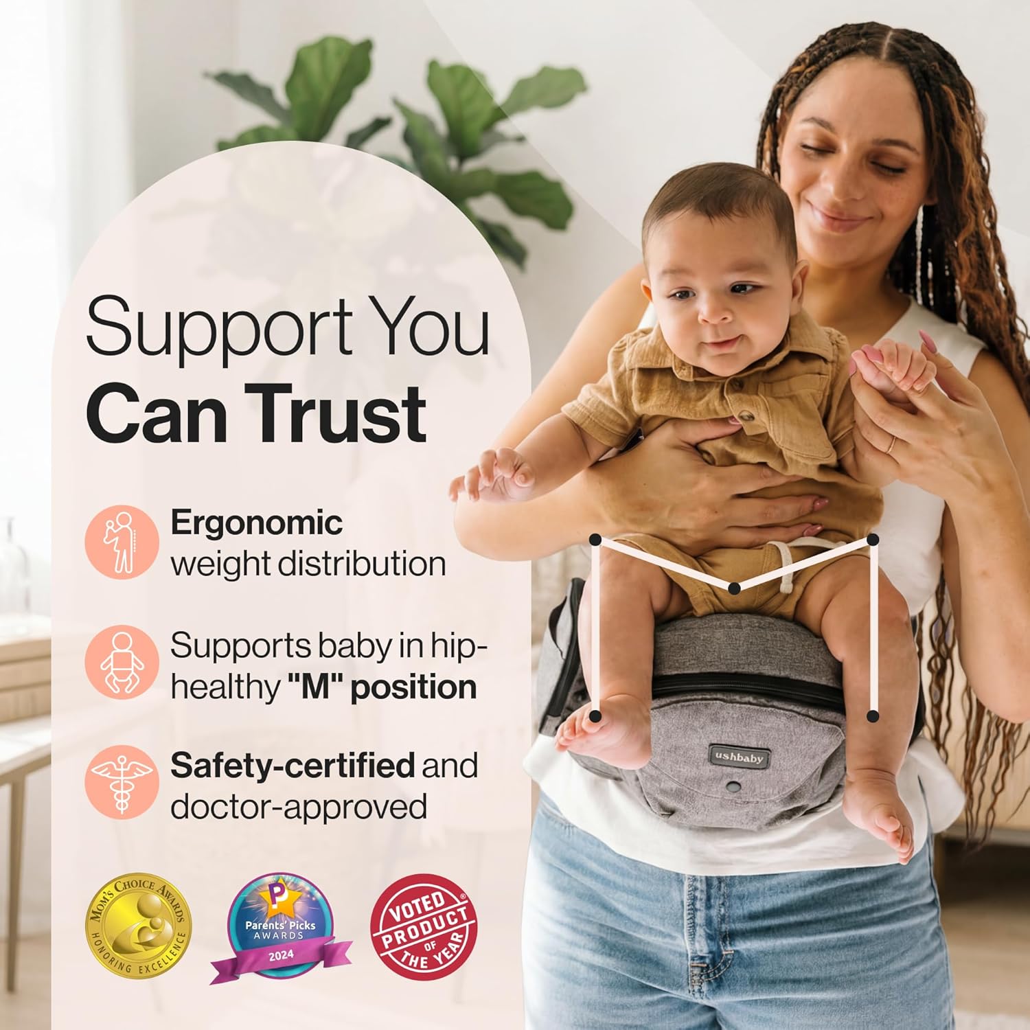 Tushbaby Original Hip Seat Baby Carrier for Babies & Toddlers up to 45 lbs, Safety Certified, Lightweight No-Foam Design with Storage, Grey - Image 3