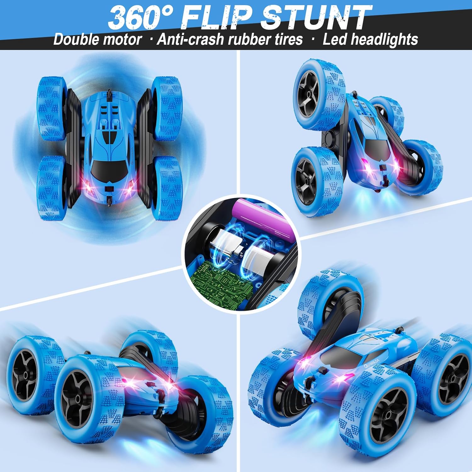 QUNREDA Remote Control Car, RC Cars Toys for Kids Ages 6-12, 4WD Stunt Car with LED Lights & 360° Flips, 2.4GHz, Upgraded USB-C Modular Batteries, 8-10 Year Old Boys Birthday Gift 1-Blue - Image 4