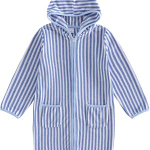 Boys Girls Hooded Terry Coverups One Piece Swimsuits Beach Zip Up Long Sleeve Striped Swim Cover Up Swimwear