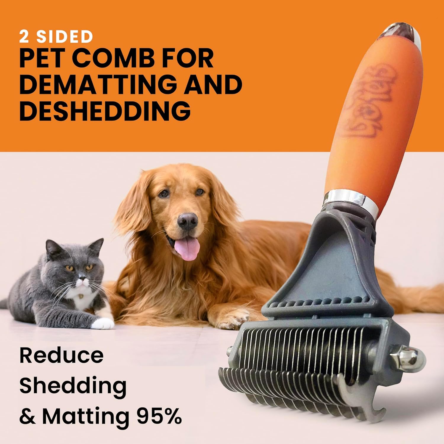 GoPets 2-in-1 Dematting Comb for Dogs, Pet Grooming Rake, Double-Sided Dog Brush for Shedding, Deshedding Brush for Cats, Undercoat Mat Dematting Tool for Long Haired Cats, Grooming Matting Hair - Image 2