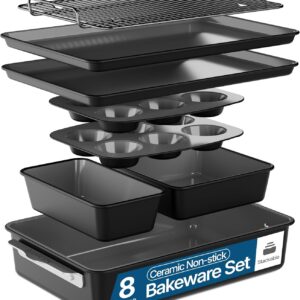 Bakken 8-Piece Ceramic Coated Bakeware Sets, Nonstick Aluminized Steel Pans with Muffin, Loaf, Cake, Roasting Pan, & Cooling Rack, Oven Safe Up To 500°F, Dishwasher Safe, BPA, PTFE & PFAS Free, Black