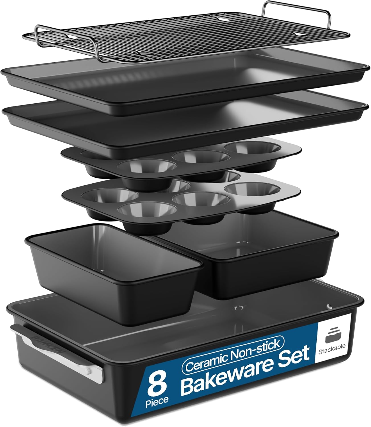 Bakken 8-Piece Ceramic Coated Bakeware Sets, Nonstick Aluminized Steel Pans with Muffin, Loaf, Cake, Roasting Pan, & Cooling Rack, Oven Safe Up To 500°F, Dishwasher Safe, BPA, PTFE & PFAS Free, Black
