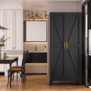 QINPTWUT 71″ Storage Cabinet with Doors and Shelves, Tall Pantry Cabinet in Black with 2 Doors & 4 Adjustable Shelves, All-Steel Farmhouse Cupboard for Kitchen, Living Room,Home Office,Garage