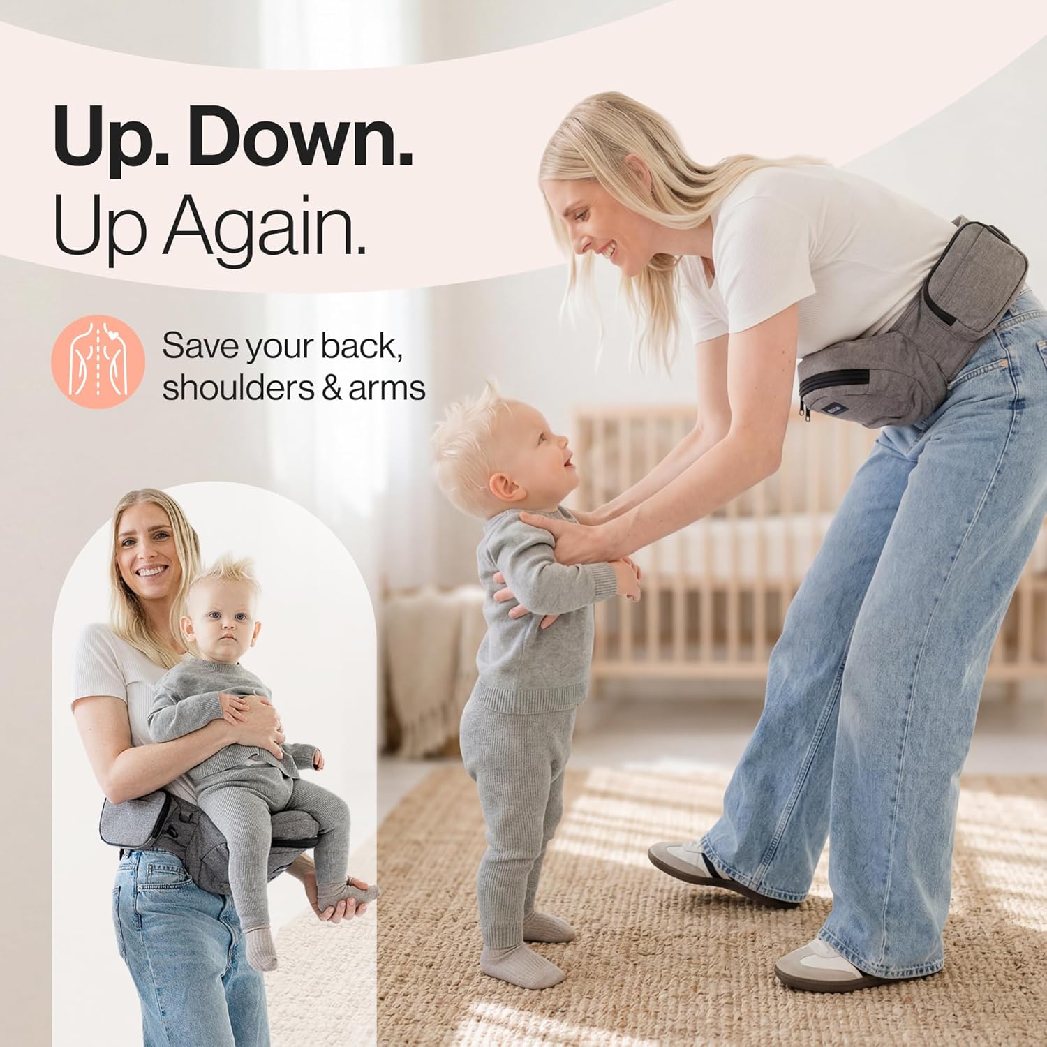 Tushbaby Original Hip Seat Baby Carrier for Babies & Toddlers up to 45 lbs, Safety Certified, Lightweight No-Foam Design with Storage, Grey - Image 2