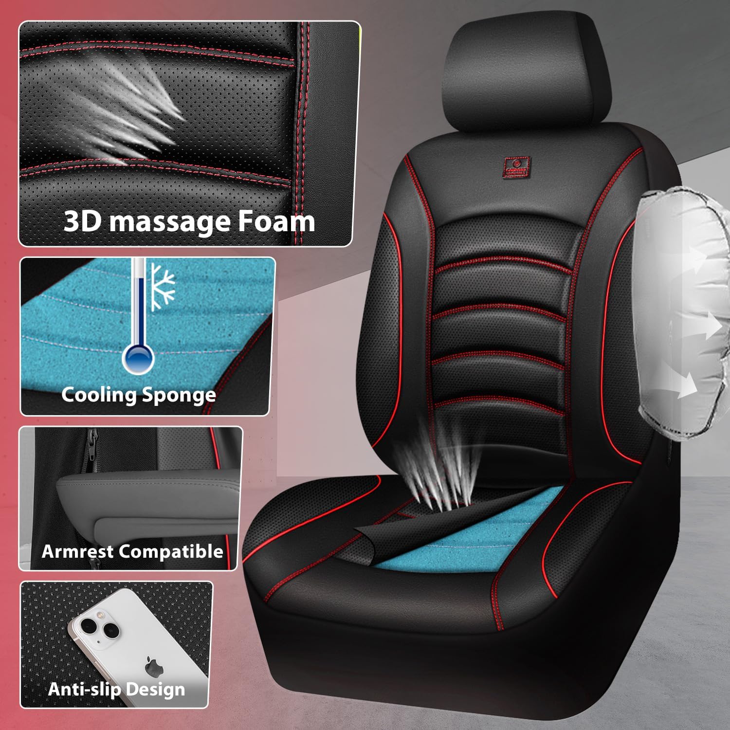 CAR PASS 3D Foam PU Leather Car Seat Covers, Universal Seat Covers Full Sets for Trucks SUV Sedan Automotive Seat Covers Armrest Airbag Compatible Waterproof Comfortable Faux Nappa Leather Black Red - Image 7