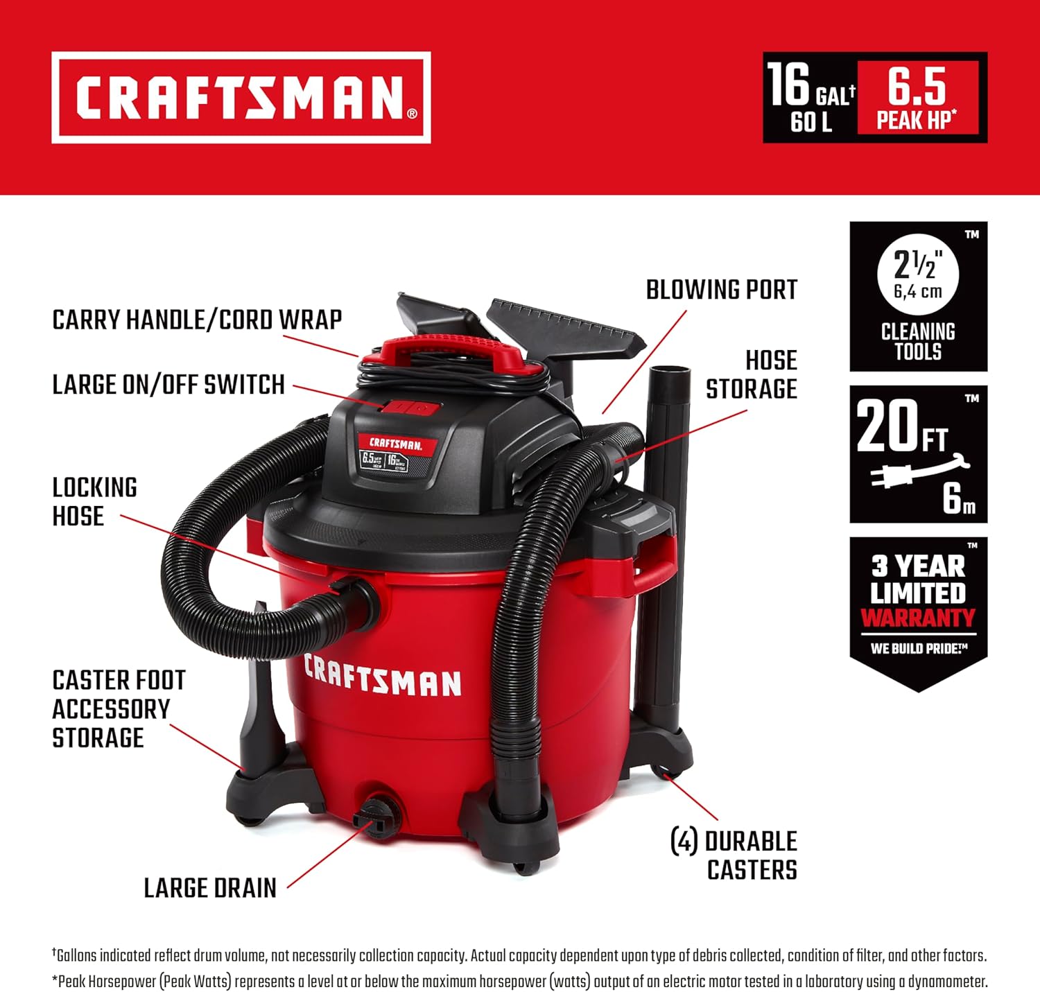 CRAFTSMAN CMXEVBE17595 16 Gallon 6.5 Peak HP Wet Dry Vac, Heavy-Duty Shop Vacuum Wet and Dry with Filter, Dust Bag, Hose and Attachments for Home Projects & Renovations - Image 2