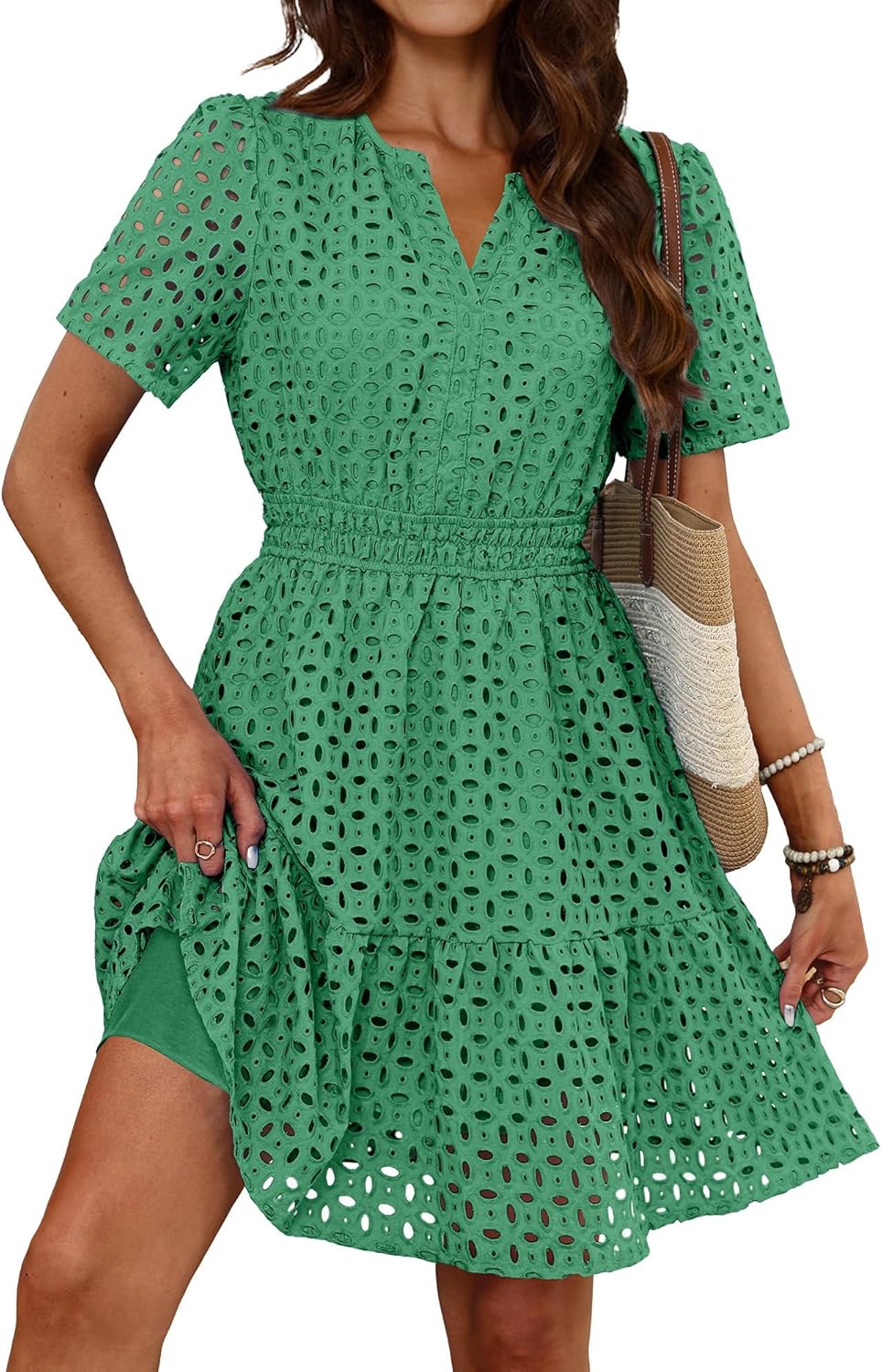 RUMIA Womens Dresses 2026 Summer V Neck Eyelet Lace A Line Short Dress - Image 4