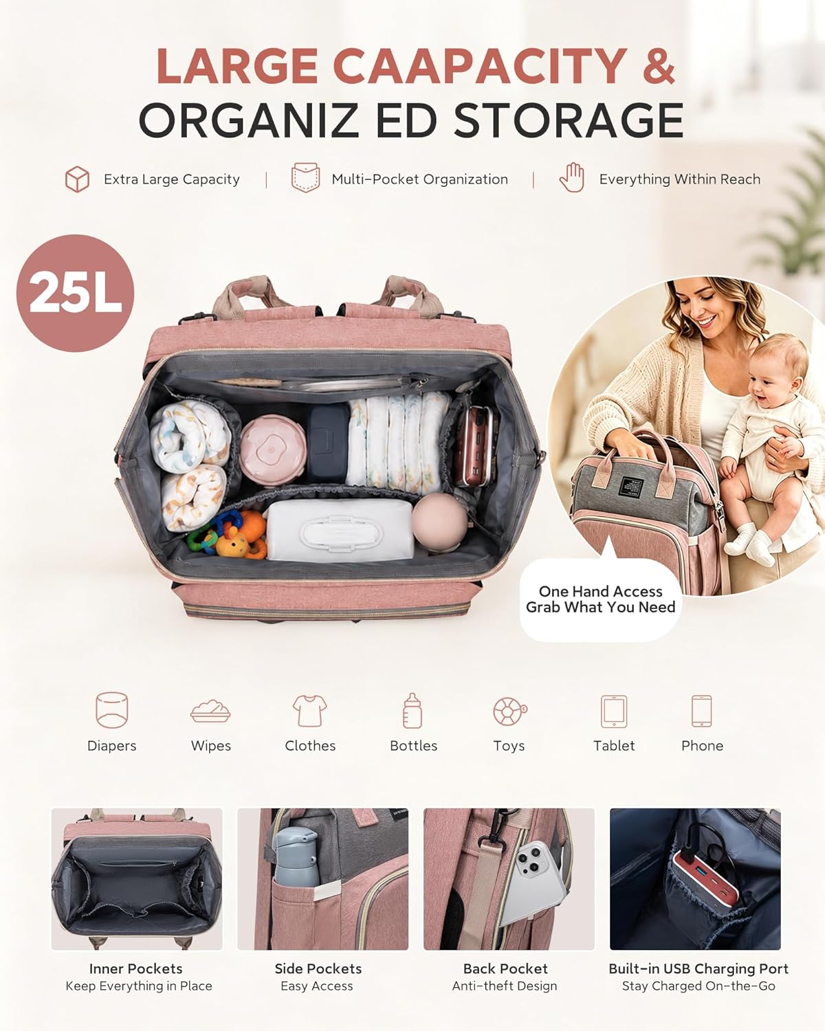 houscly Diaper Bags Backpack for Baby Boy : Large Baby Bag for Boys Girls Mom Toddler Women Men Dad Big Travel Newborn Essential Baby Registry Search Must Haves Grey - Image 3