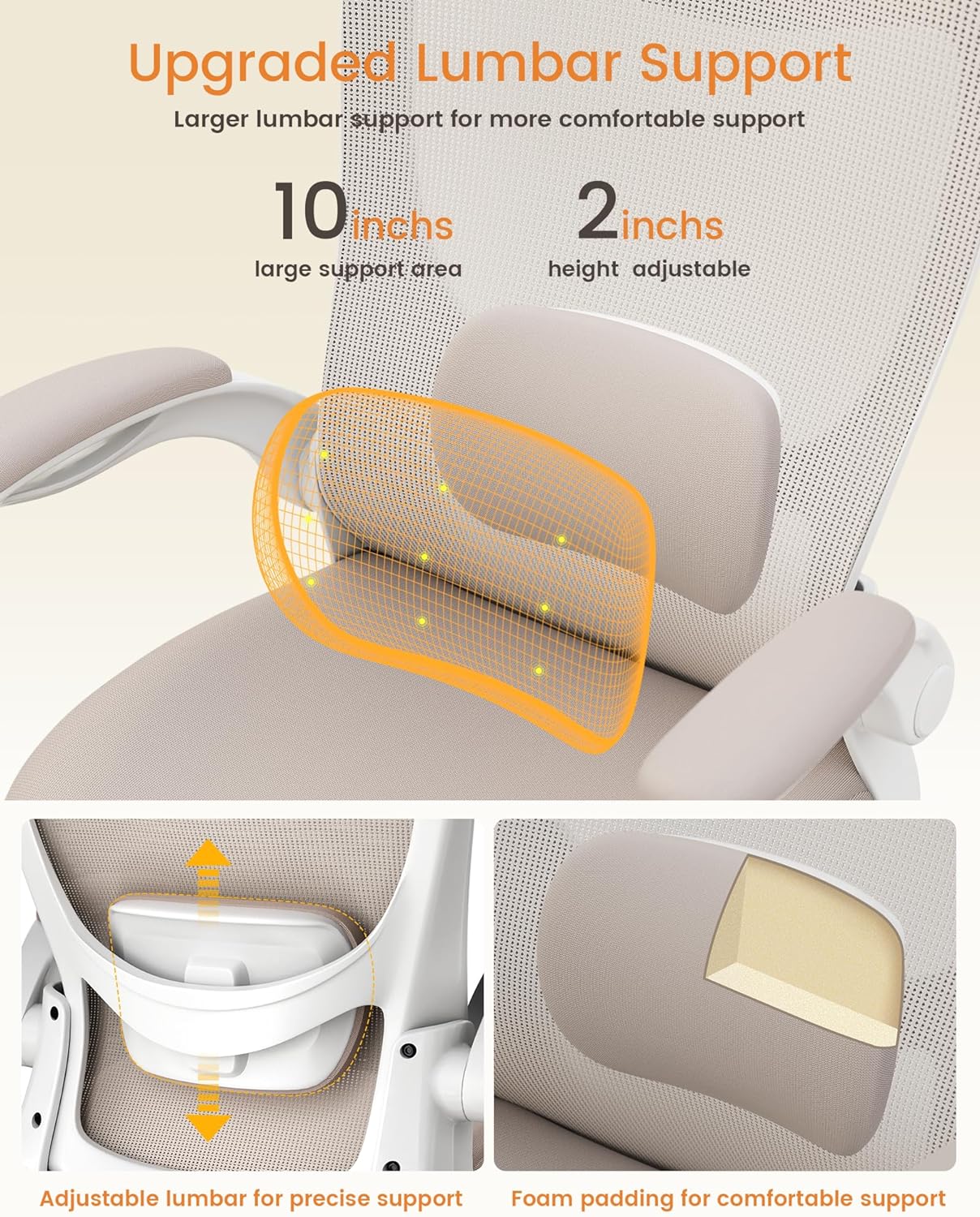 MUXX.STIL Office Chair, Ergonomic Desk Chair with Adjustable Lumbar Support and Flip up Armrest, Breathable Mesh Computer Chair for Home Office, Khaki - Image 4