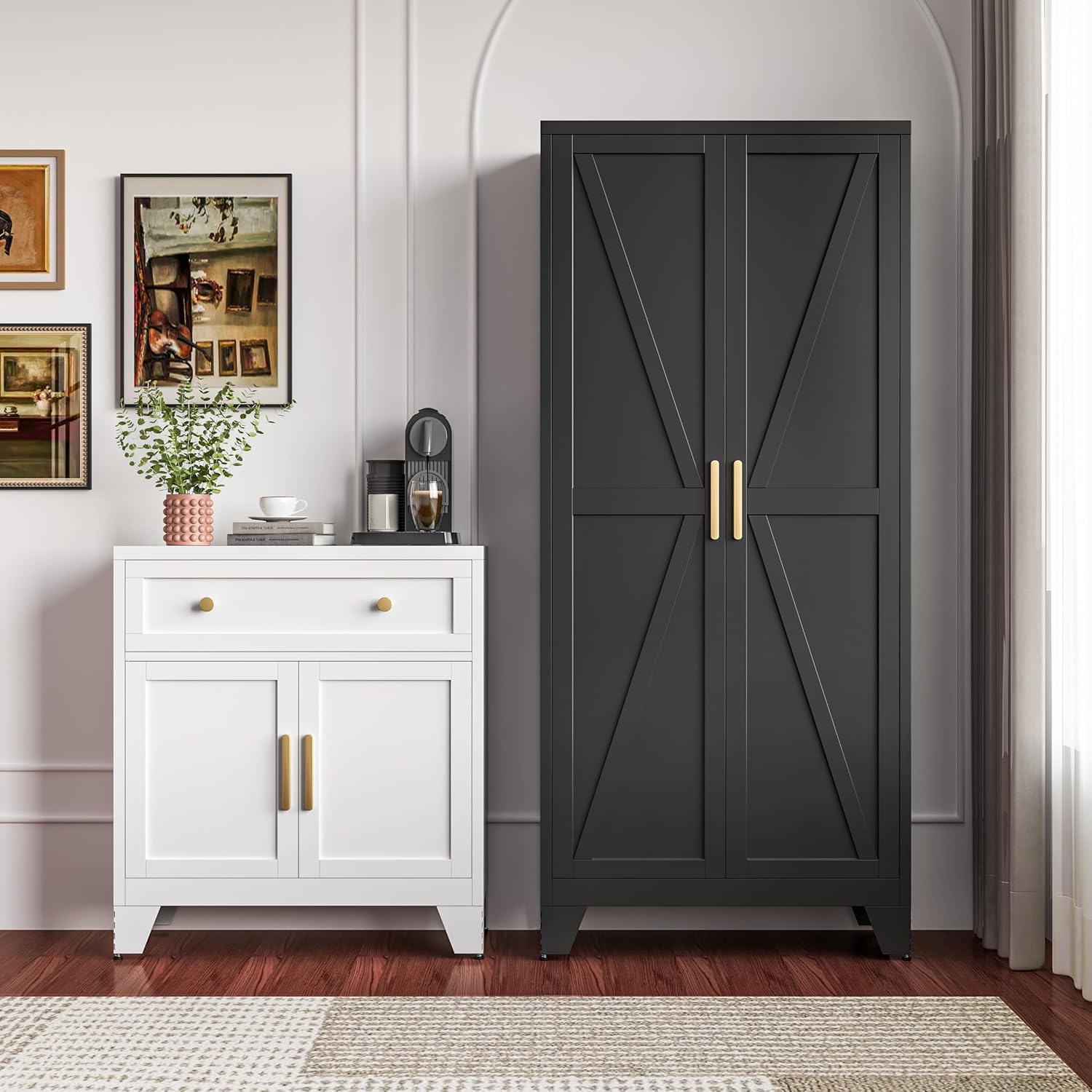 QINPTWUT 71" Storage Cabinet with Doors and Shelves, Tall Pantry Cabinet in Black with 2 Doors & 4 Adjustable Shelves, All-Steel Farmhouse Cupboard for Kitchen, Living Room,Home Office,Garage - Image 6