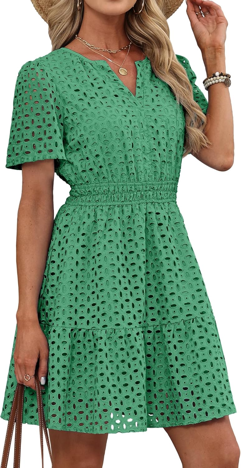 RUMIA Womens Dresses 2026 Summer V Neck Eyelet Lace A Line Short Dress RUMIA Womens Dresses 2026 Summer V Neck Eyelet Lace A Line Short Dress