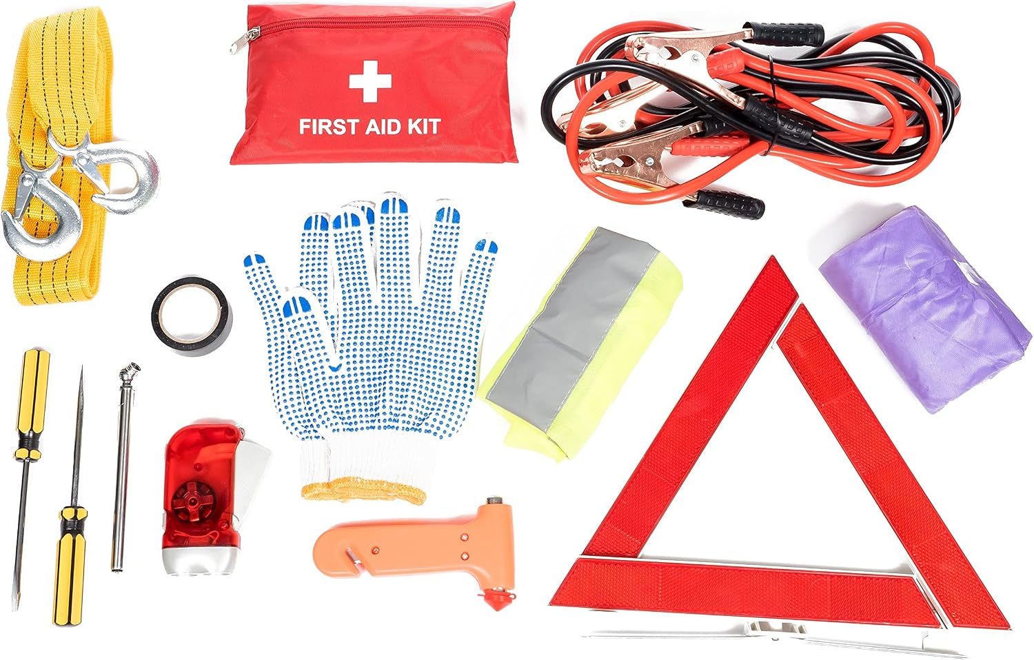 Roadside Car Emergency Kit - First Aid Set, Jumper Cables, Tow Strap, LED Flash Light, Rain Coat, Tire Pressure Gauge, Safety Vest and More (Black) - Image 8