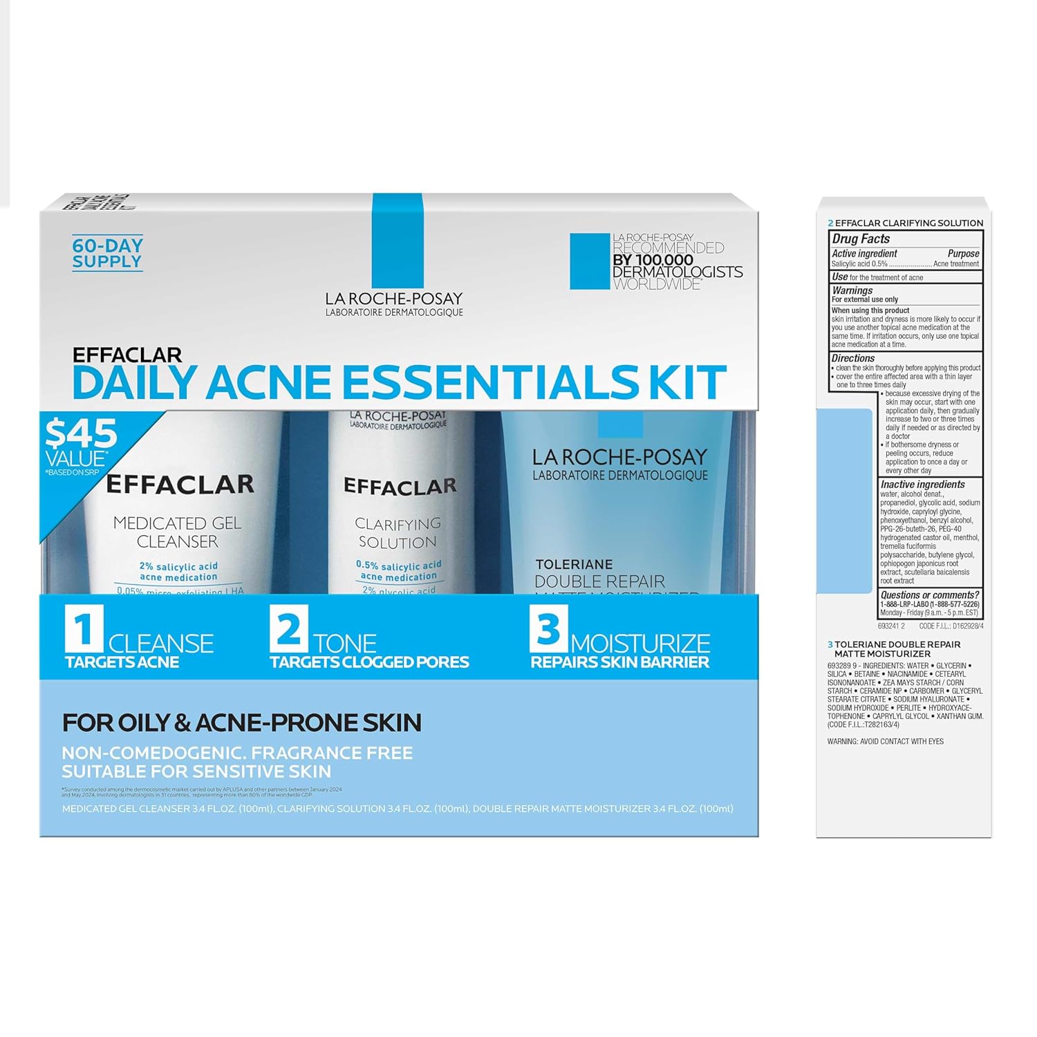 Effaclar Daily Acne Essentials Kit, Acne Treatment System, Salicylic Acid Acne Cleanser, Pore Refining Toner, & Matte Face Moisturizer for Oily Skin & Combination Skin, Oil-Free, 2 Month Supply - Image 2