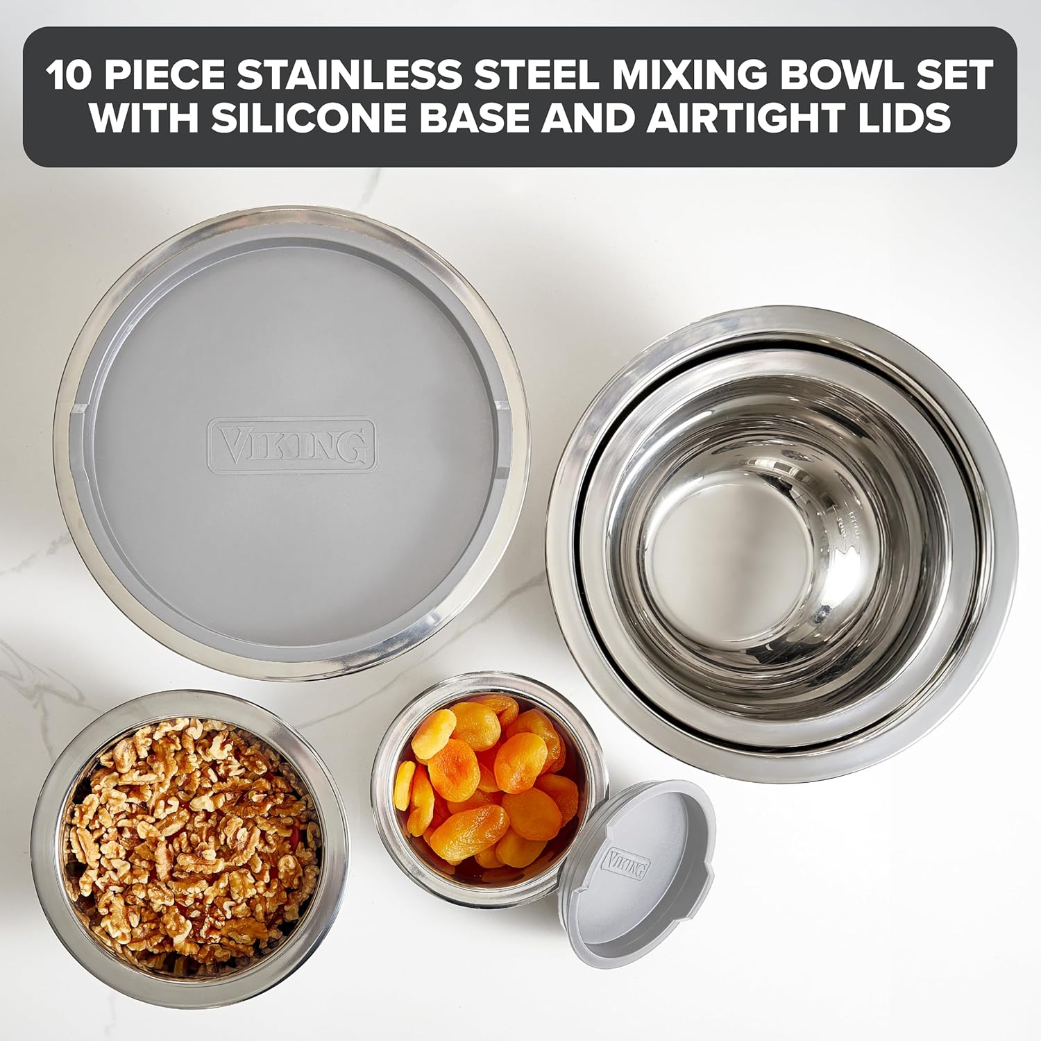 Viking Mixing Bowls Set, 10 Piece Stainless Steel Kitchen Cookware, Non-Slip Silicone Base, Includes Tight Fit Lids, Dishwasher Safe, Grey - Image 2