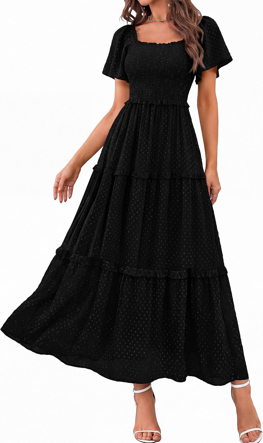 PRETTYGARDEN Summer Dresses for Women 2026 Boho Maxi Smocked Spring Wedding Guest Square Neck Short Sleeve Swiss Dot Dress - Image 2