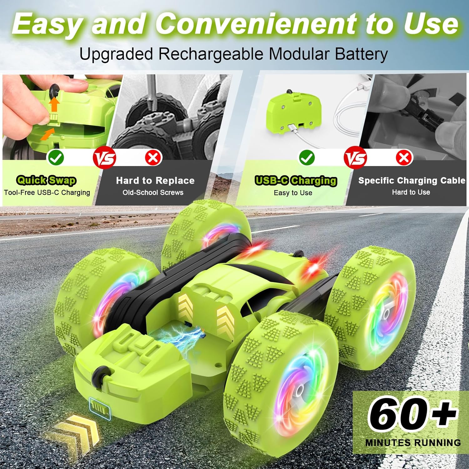 Remote Control Car, Stunt RC Cars, 2.4GHz Double Sided 360° Flips RC Crawler, Outdoor Toys for Kids Ages 4-8, Upgraded USB-C Modular Battery, 5 6 7 8 9 10 +Year Old Boys Birthday Gifts Green - Image 2