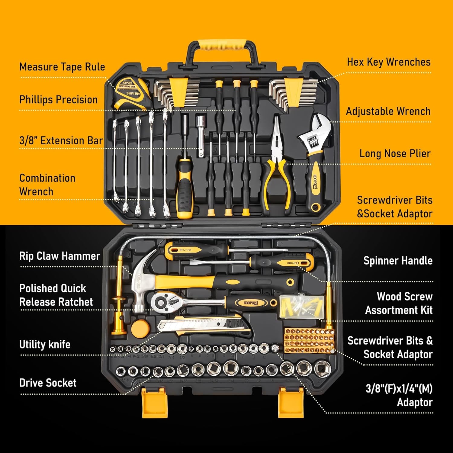 KOOPOOL Tool Set, Tool Box Kit for Mechanic and Car, General Household Home Tool Kit, Basic Tool Kit for Home Auto Repair, with Storage Case - Image 3