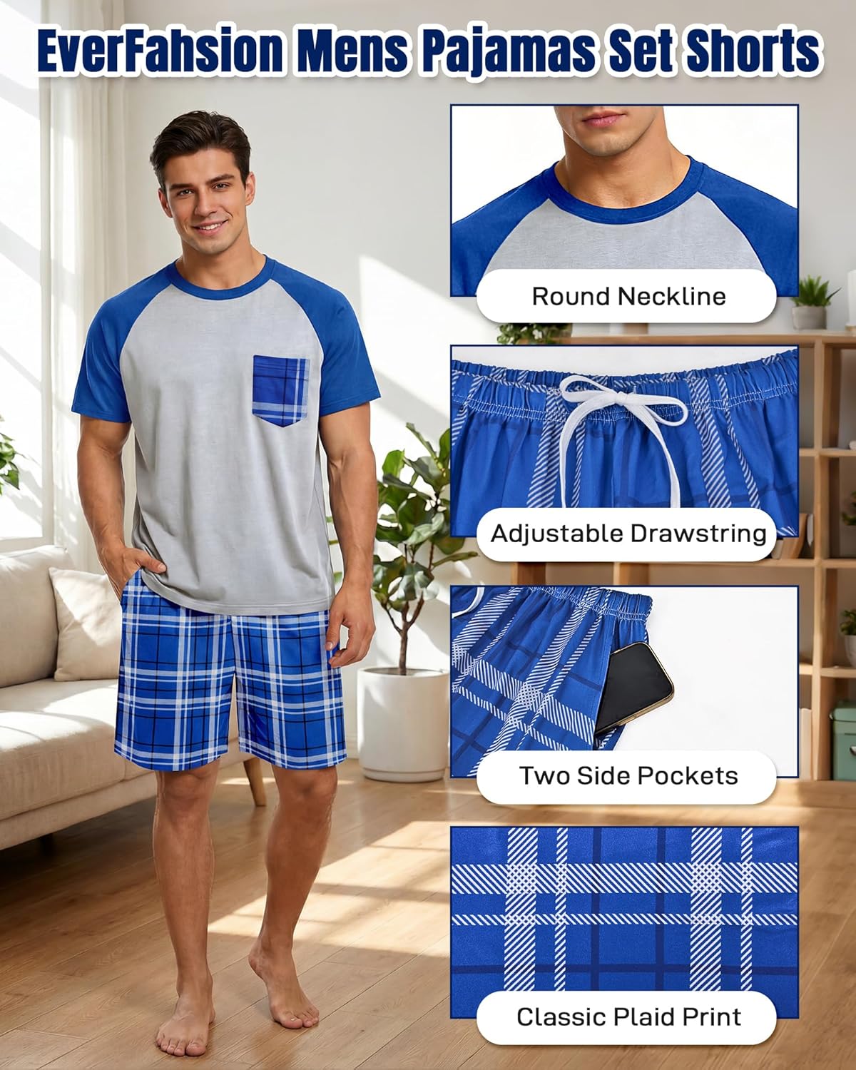 Mens Pajamas Set Summer Pjs Short Sleeve Sleep Set Soft Sleepwear 2 Piece Plaid Loungewear with Pockets M-2XL - Image 4