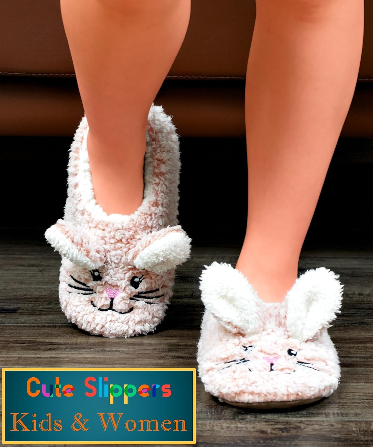 Cute Fuzzy Animal Slippers for Women Kids & Toddler Soft Sole Plush Slipper Socks with Non Slip Grippers - Image 2