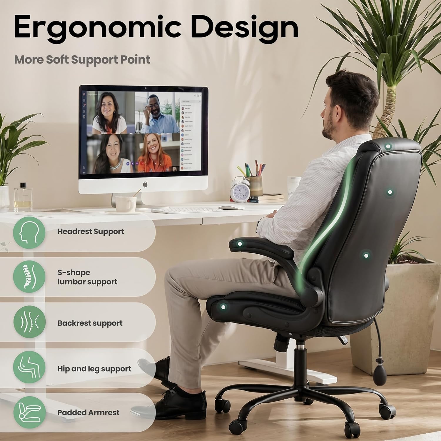 MALOL Leather Office Chair, Computer Desk Chair with Adjustable Lumbar Support, Thick Cushion, Flip-Up Arms and Ergonomic Back, Comfy Executive Office Chair for Home Office Gaming,Black - Image 4