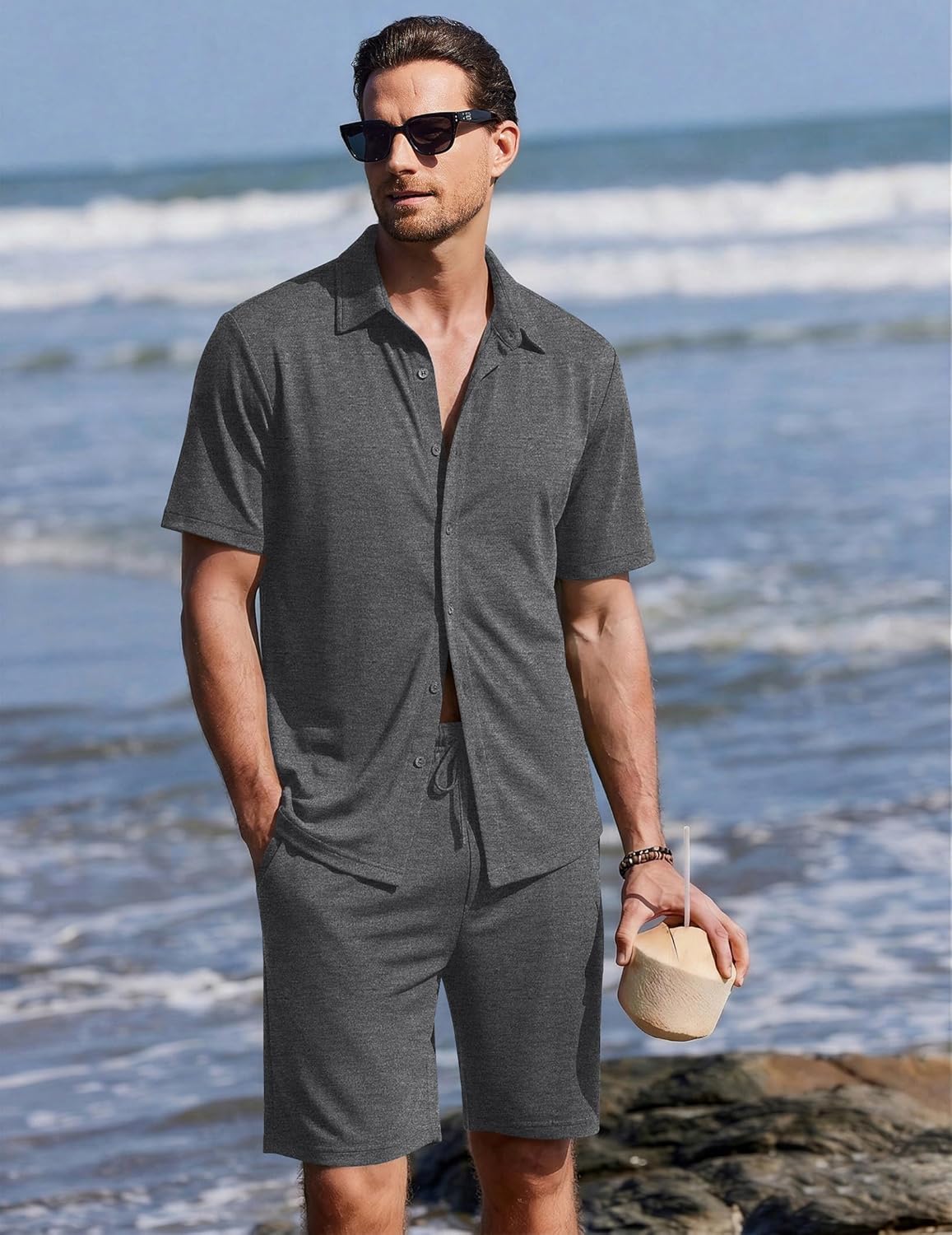 Ekouaer Men's Hawaiian Shirt and Shorts Sets 2 Piece Beach Outfits Button Down Summer Pajamas Set Vacation Lounge Sets XS-XXL - Image 5