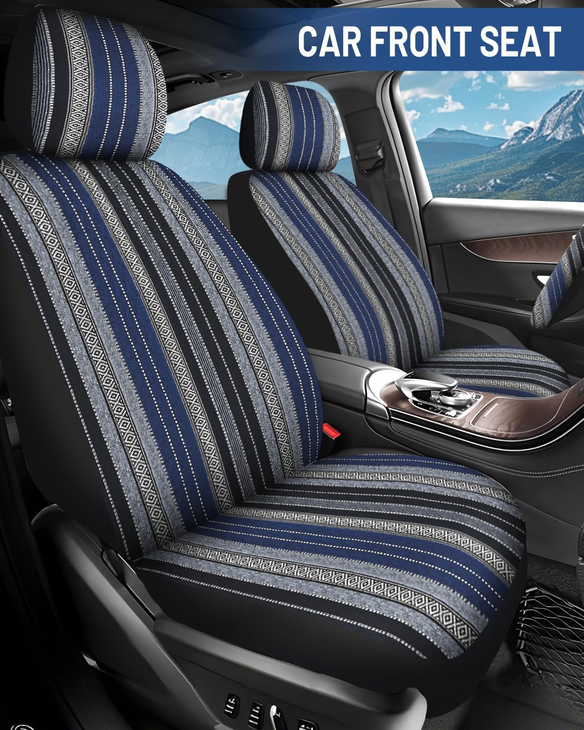 Baja Saddle Blanket Car Seat Covers Front Set with Seat Belt Pads, Washable Breathable Striped Woven Cloth Seat Covers for Cars, SUV, Truck, Airbag Compatible(Blue) - Image 2