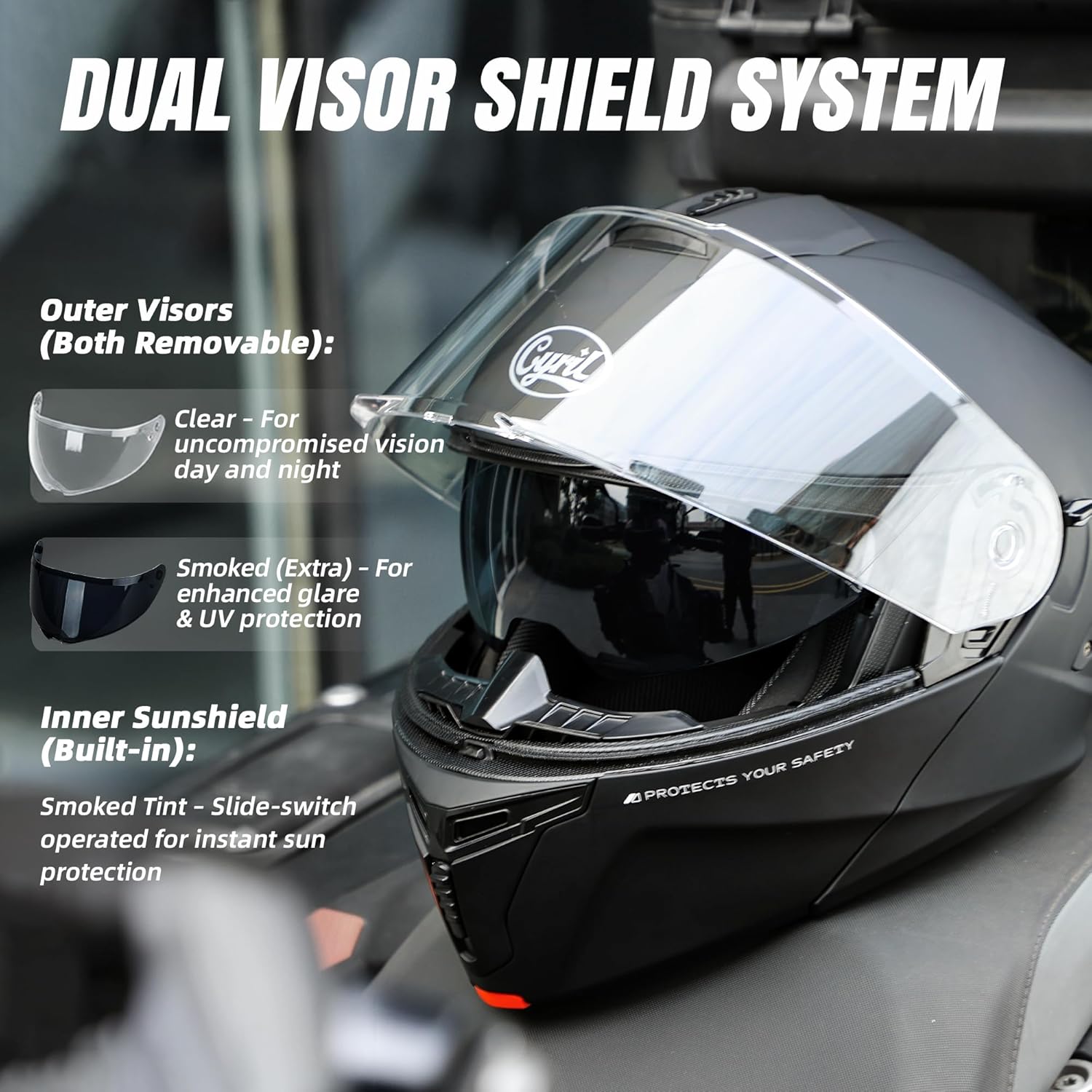 CYRIL Modular Motorcycle Helmet DOT, Flip Up Full Face Men Women, Glasses Compatible Dual Visor, Quick Release Shield, Bonus Smoke Visor & Bag for Street Bike ATV UTV Scooter Cruiser - Image 3