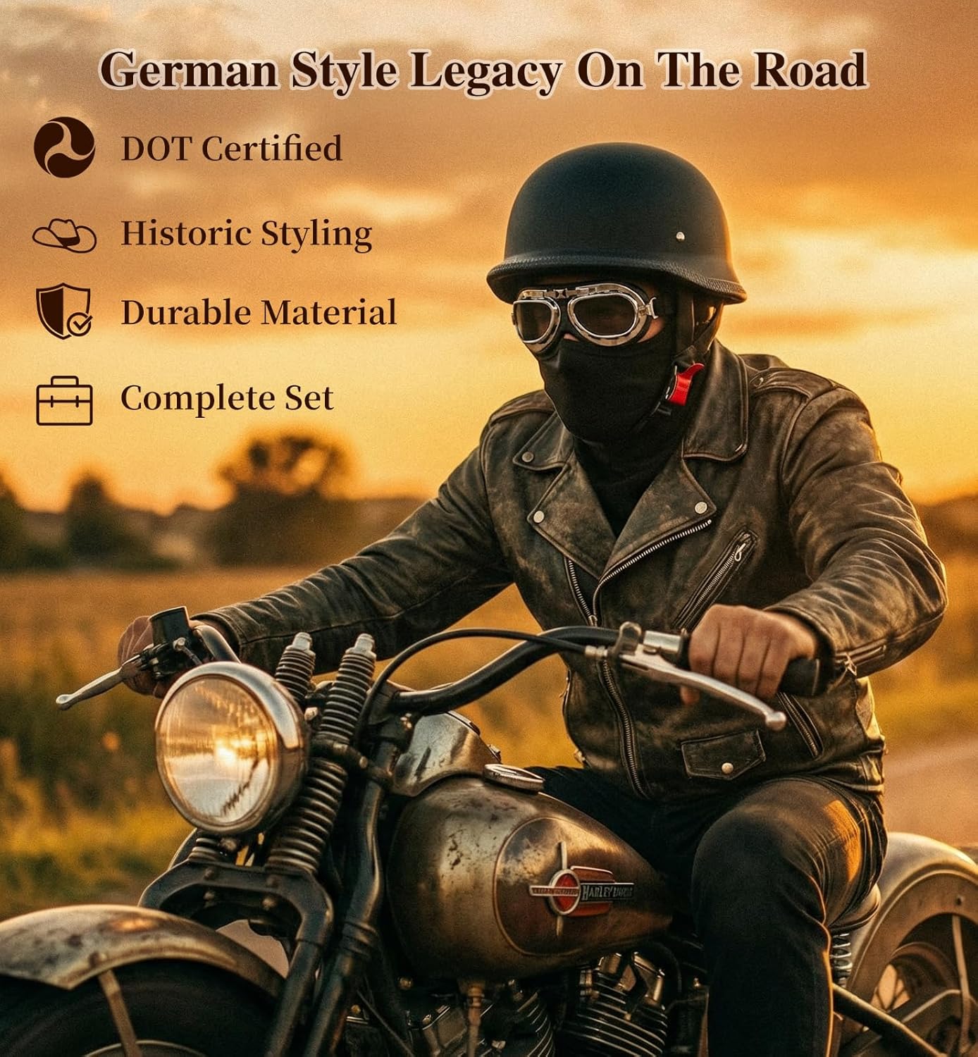 German Style Motorcycle Helmet DOT Approved with Goggles & Mask - Retro Half Helmet with Quick Release Buckle for Motorcycle Motorbike Cruiser, Scooter, Chopper (Adult Men & Women) - Image 2