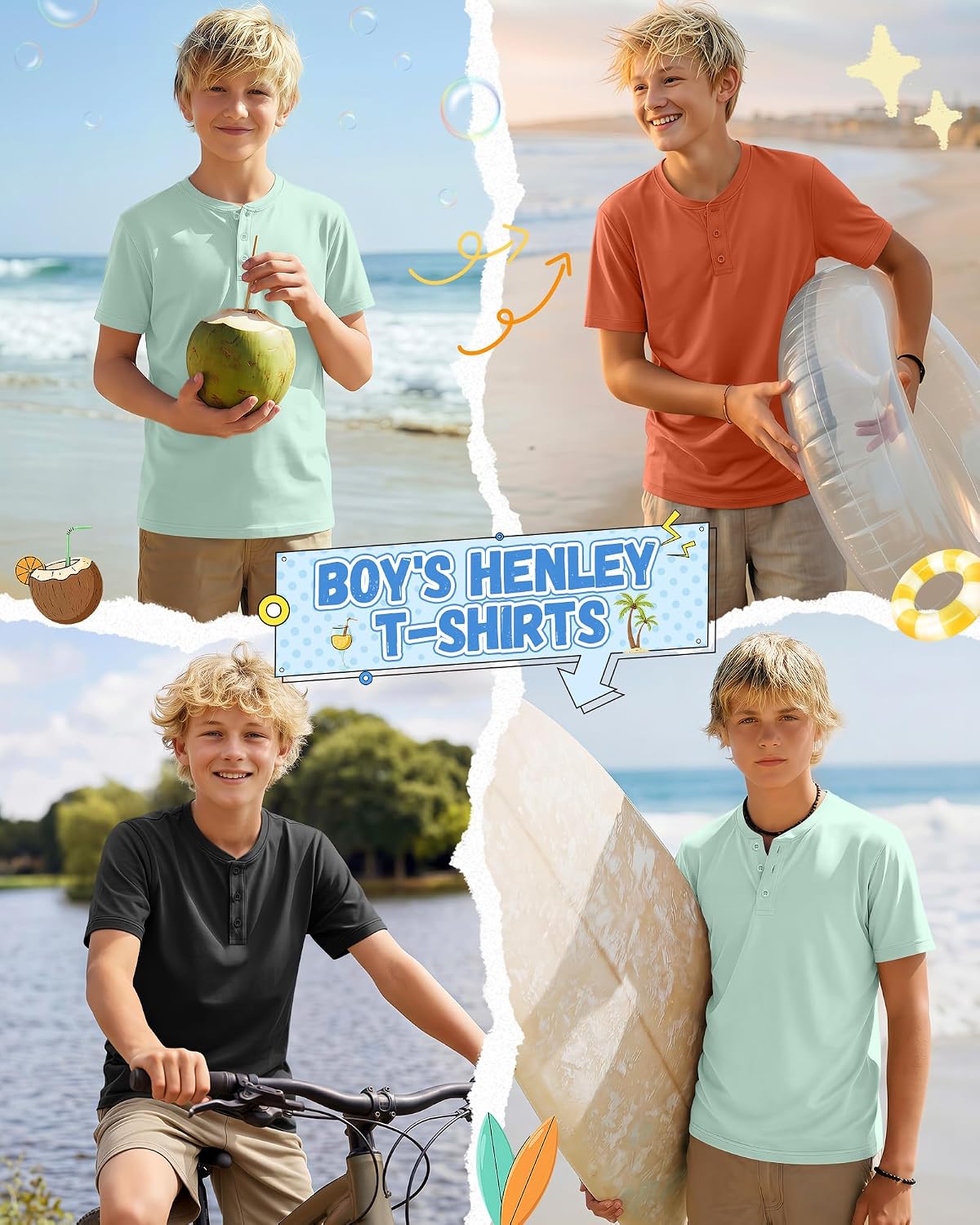 Ficerd 3 Pack Boys T-Shirts Kids Short Sleeve Henley Crew Neck Tops Teen Casual Loose Tees with 3 Buttons 5-16 Years - Image 3