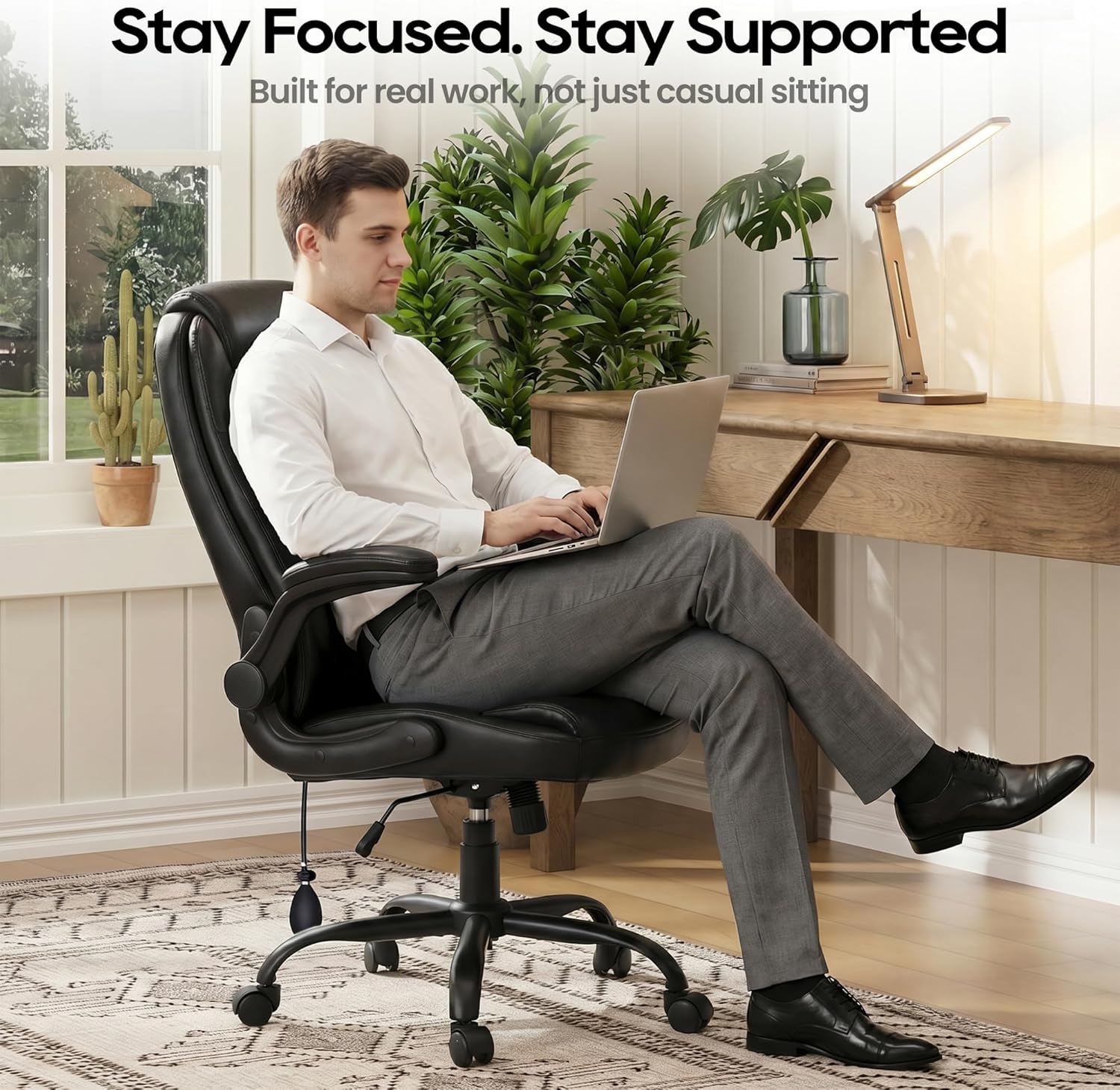 MALOL Leather Office Chair, Computer Desk Chair with Adjustable Lumbar Support, Thick Cushion, Flip-Up Arms and Ergonomic Back, Comfy Executive Office Chair for Home Office Gaming,Black - Image 7