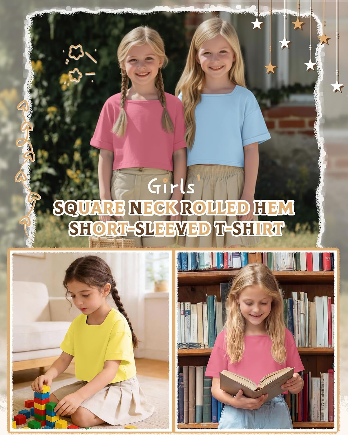 3 Pack Girls' Crop Tops Kids Oversized Short Sleeve T-Shirts Loose Square Neck Shirts Rolled Cuff Athletic Tees - Image 4