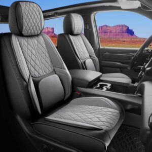 Custom Fit Chevy Silverado GMC Sierra 1500 2007-2026 2500/3500 HD Crew Cab Faux Leather Front Seat Covers – 2 Pack, Waterproof & Breathable Car Seat Protector for Truck,BlackGrey